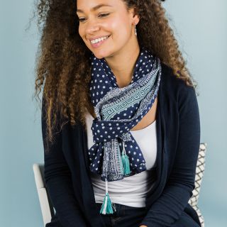 Navy Cotton Scarf with Mixed Print Turquoise Border, and Tassels by Peace Of Mind